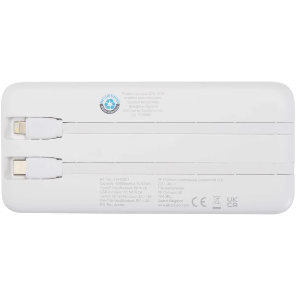 Immagine Power bank da 10.000 mAh e 10 W in plastica riciclata con 2 cavi integrati Adhil