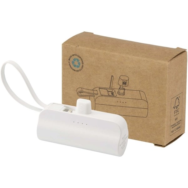 Immagine Power bank Tipo-C da 5.000 mAh e 10 W in plastica riciclata con supporto ribaltabile integrato e cavo 2 in 1 Alnair