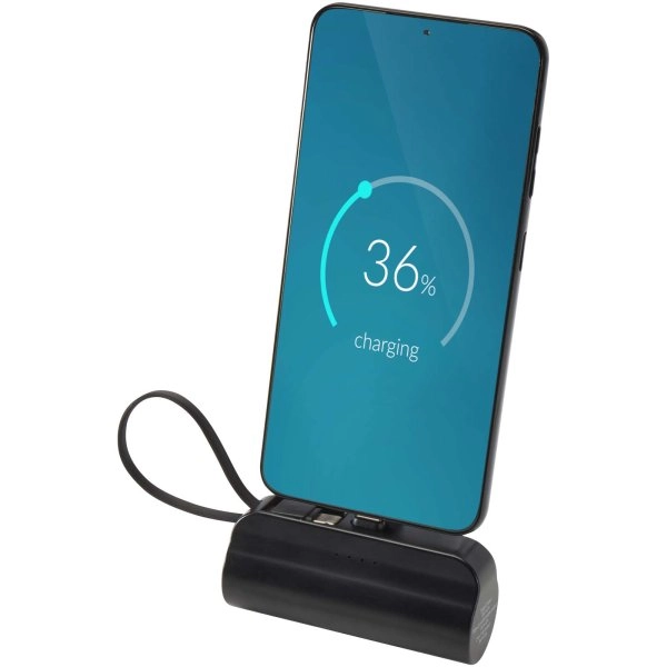 Immagine Power bank Tipo-C da 5.000 mAh e 10 W in plastica riciclata con supporto ribaltabile integrato e cavo 2 in 1 Alnair