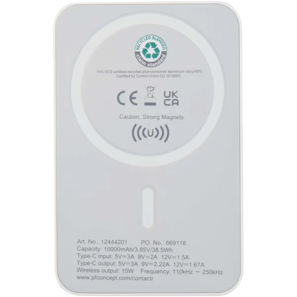 Immagine Power bank magnetico wireless da 10.000 mAh e 15 W con 20 W PD in plastica riciclata Acrab
