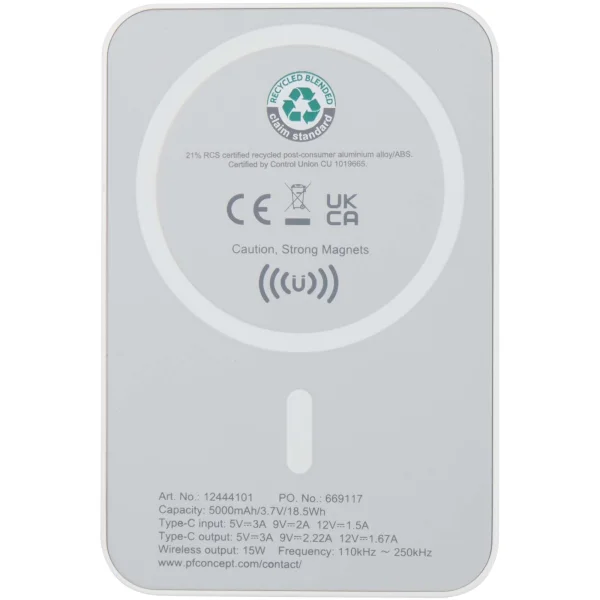 Immagine Power bank magnetico wireless da 5.000 mAh e 15 W con 20 W PD in plastica riciclata Acrab