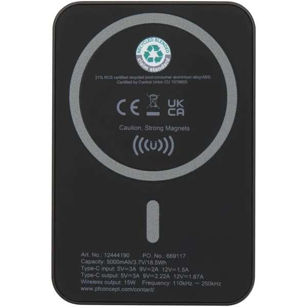 Immagine Power bank magnetico wireless da 5.000 mAh e 15 W con 20 W PD in plastica riciclata Acrab